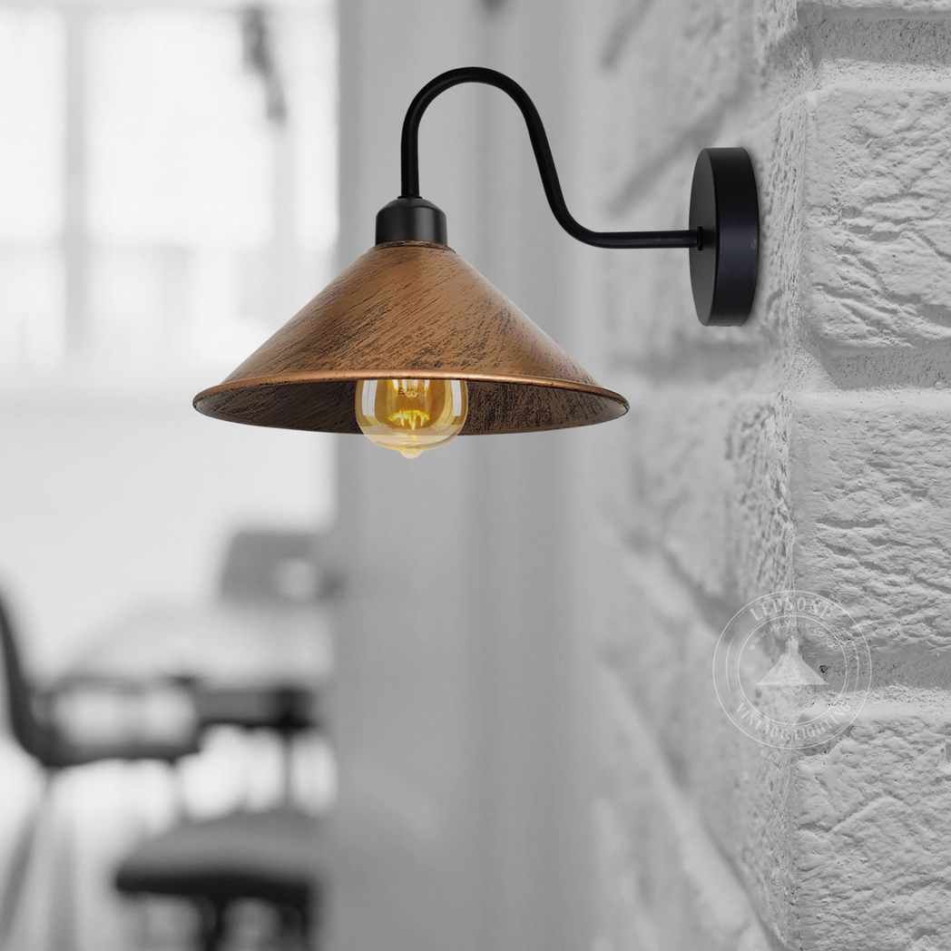 Brushed Copper Wall Light E27 Base Swan Neck Cone Shade by Home Symphony, wall-mounted with warm ambient glow.
