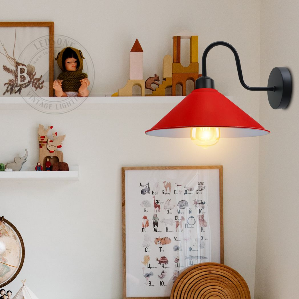 Red Retro Wall Light Sconce Cone Shade E27 for Living Room by Home Symphony on a white wall with curved black arm.