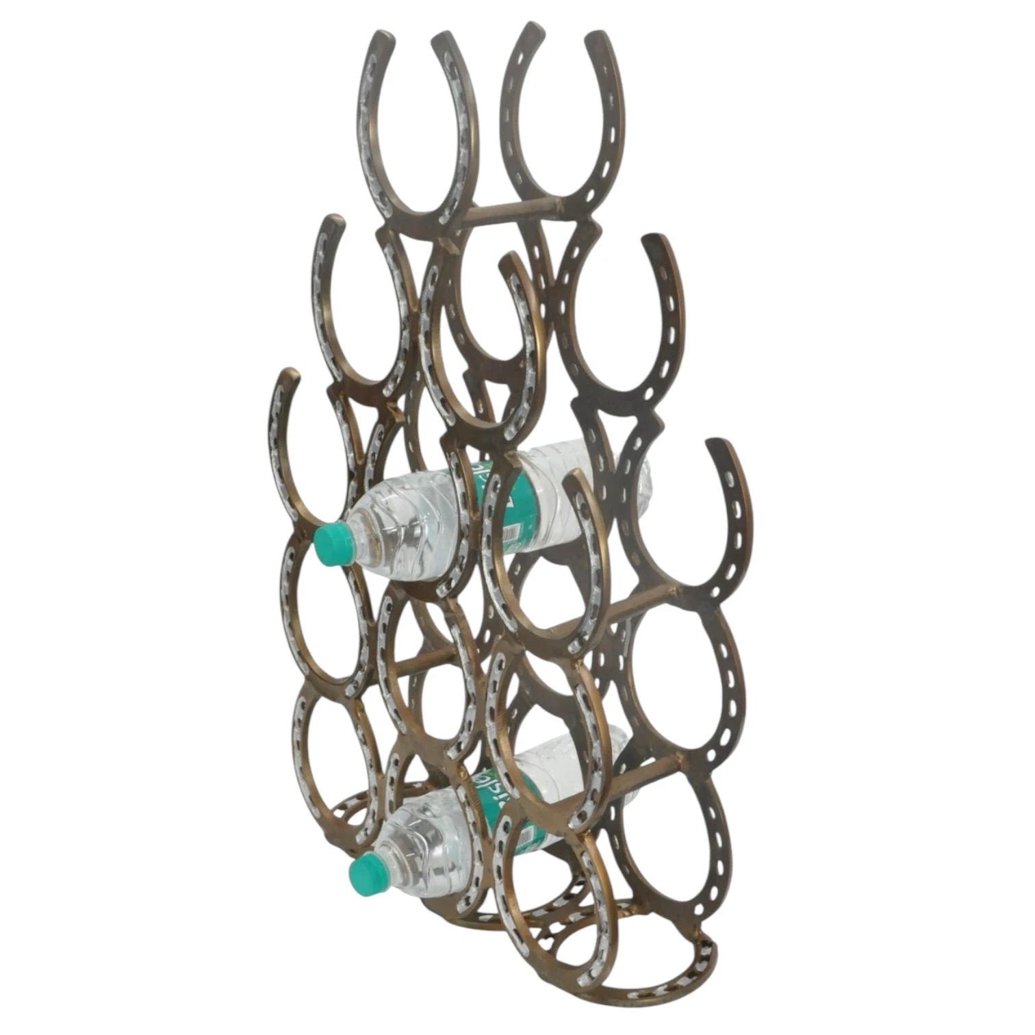 MSL 65CM ANTIQUE BRASS HORSESHOE 12 BOTTLE WINE RACK - Wine Rack
