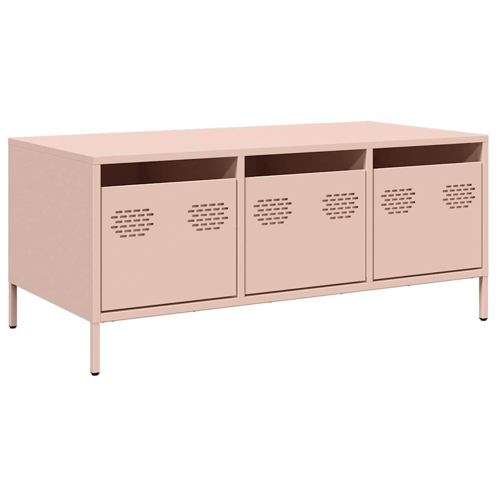 vidaXL Pink Coffee Table 101.5x50x43.5 Cm Cold Rolled Steel Industrial With Three Storage Cabinets For Living Room