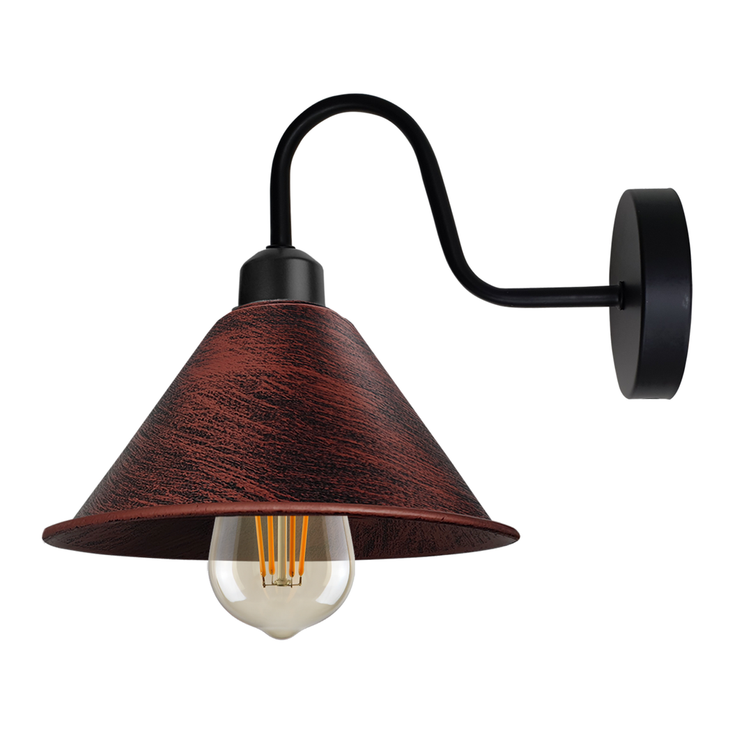 Rustic Vintage Wall Light Cone Shade E27 Base For Home Deco - wall lamp with brown metal cone shade and curved arm