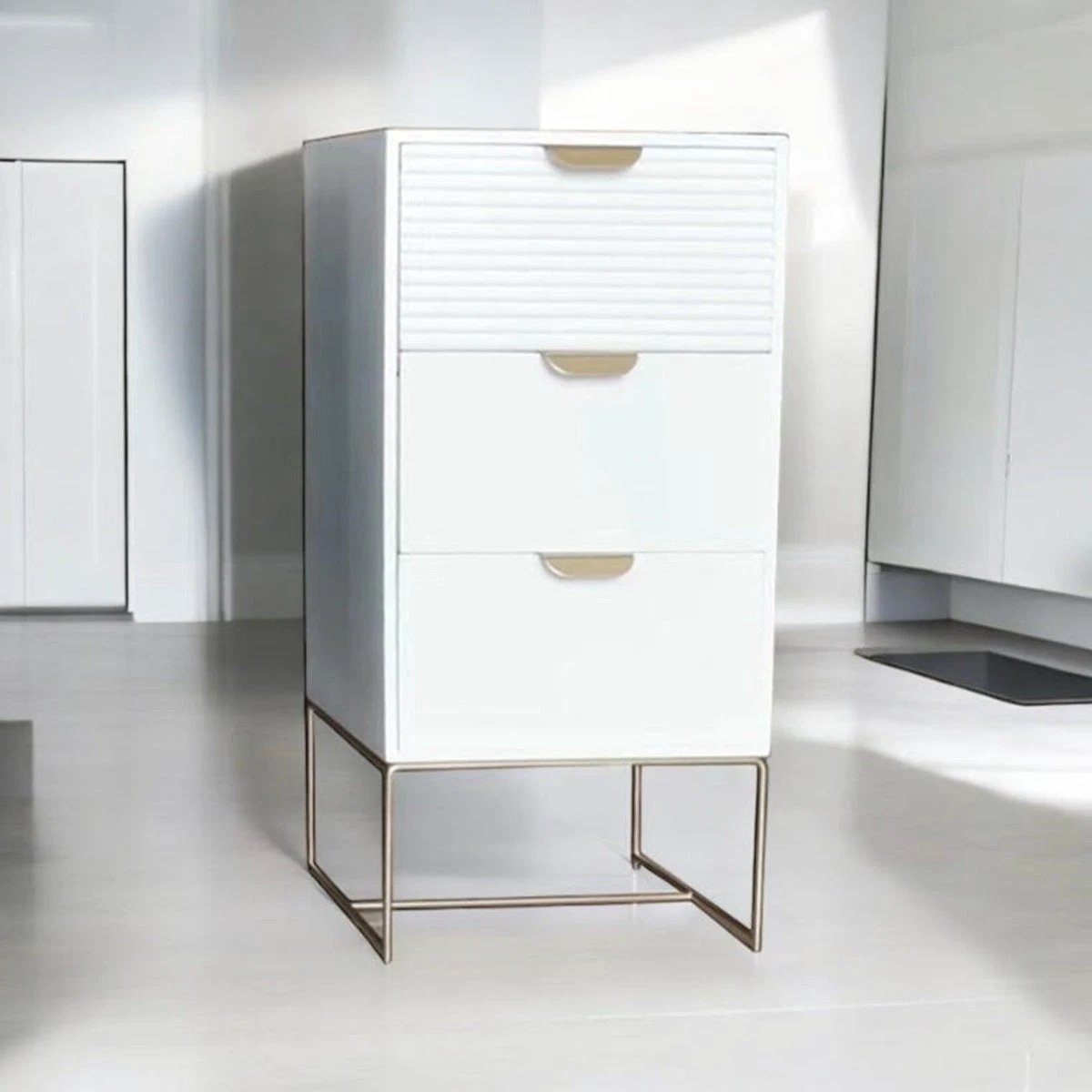 Premium White Wood Bedside Table 64cm Wide Decorative Scalloped Edge Three Drawer For Small Bedrooms by MSL
