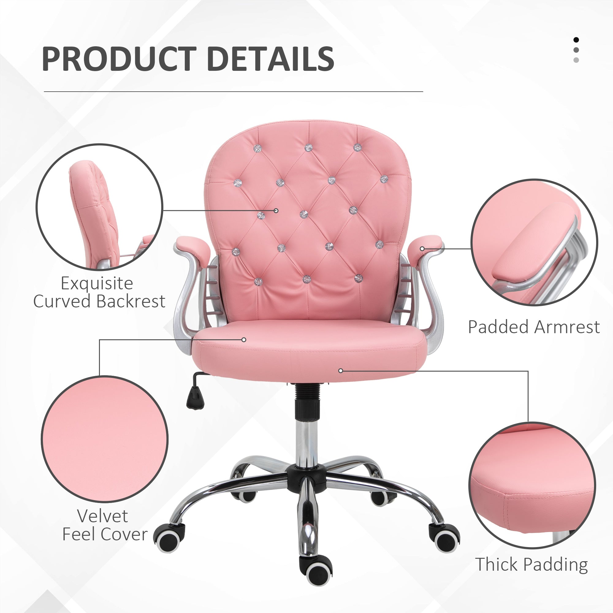 Vinsetto Office Chair PU Diamante Padded Ergonomic 360° Swivel offers stylish comfort with plush padding and a chic design.