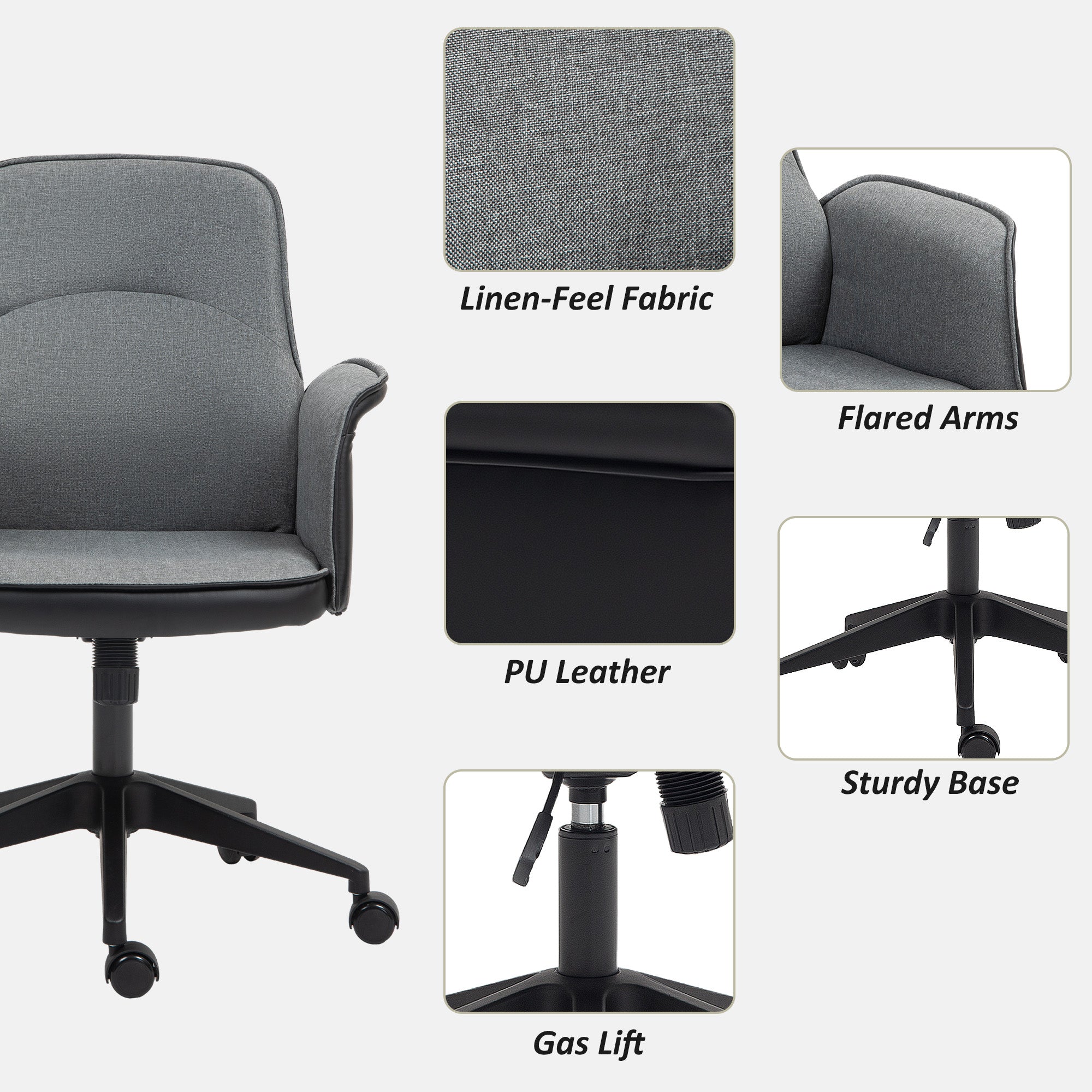 HOMCOM Office Chair, Linen Desk Chair with Adjustable Height Grey - Home Symphony