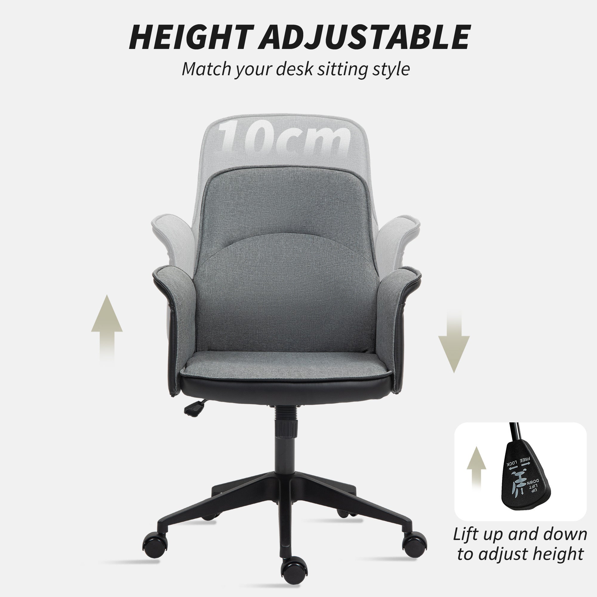 HOMCOM Office Chair, Linen Desk Chair with Adjustable Height Grey - Home Symphony