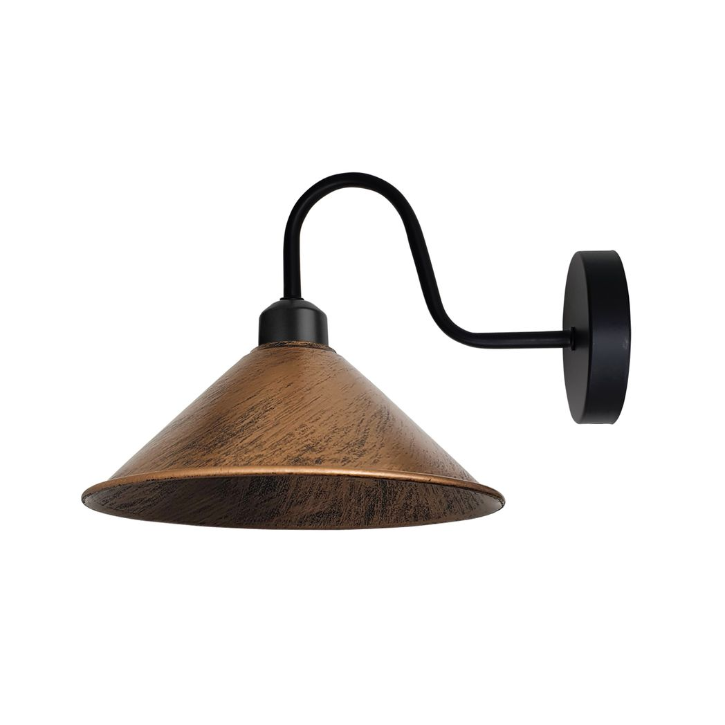 Brushed Copper Wall Light E27 Base Swan Neck Cone Shade by Home Symphony with curved black arm and round wall mount