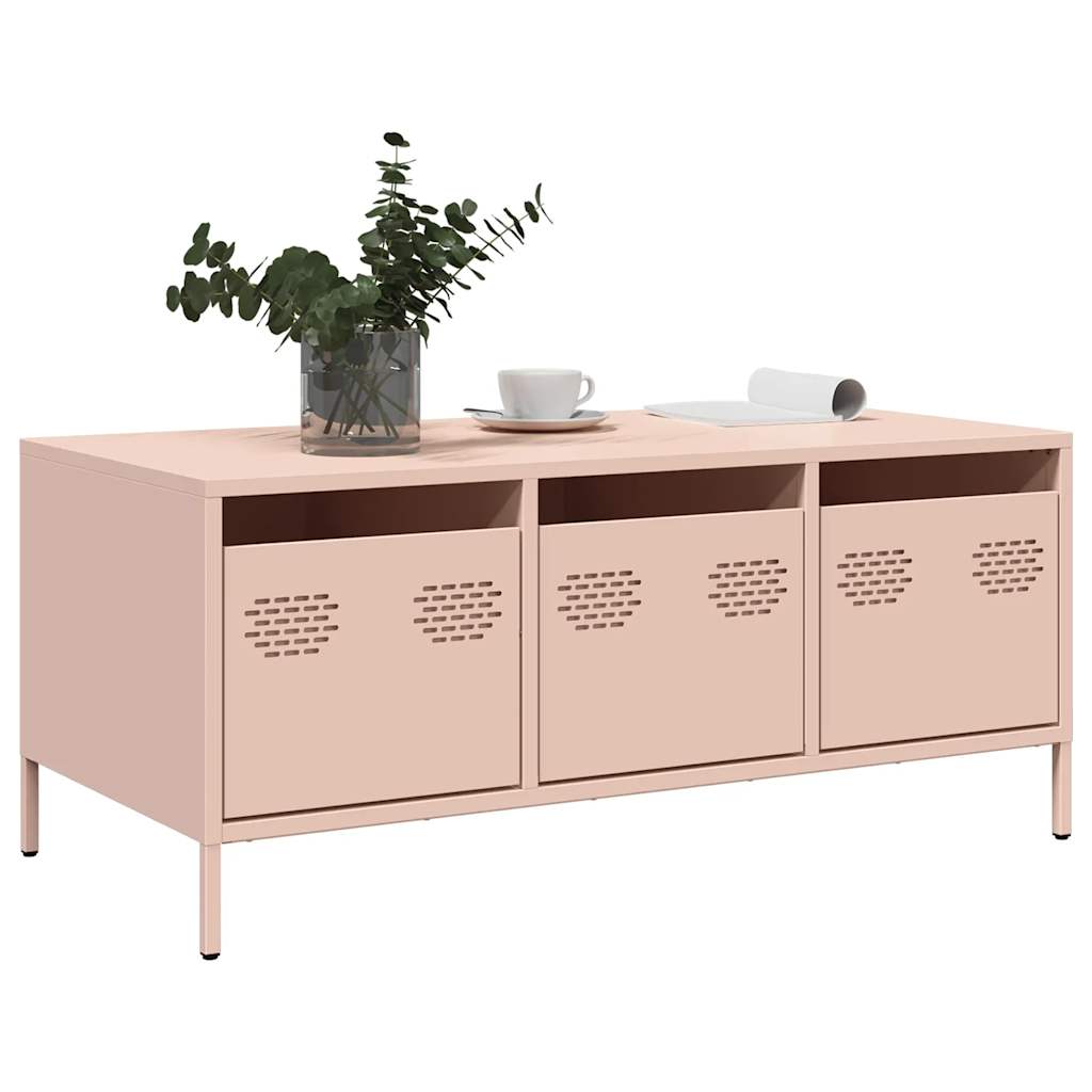 vidaXL Pink Coffee Table 101.5x50x43.5 Cm Cold Rolled Steel Industrial With Three Storage Cabinets For Living Room
