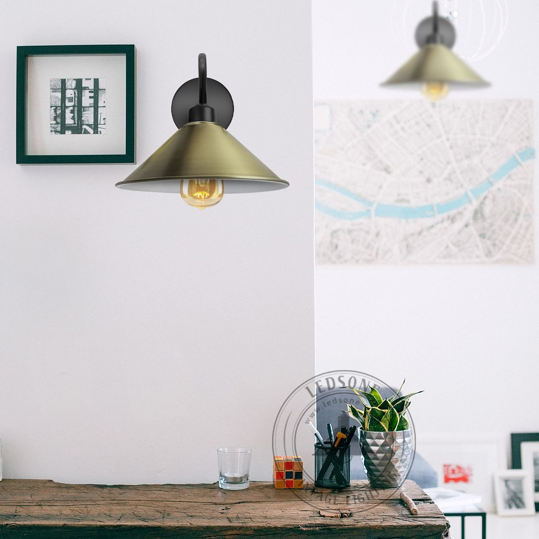 Green Brass Wall Light Cone Shade Swan Neck Sconce For Home adds warm, retro elegance to a modern wall.