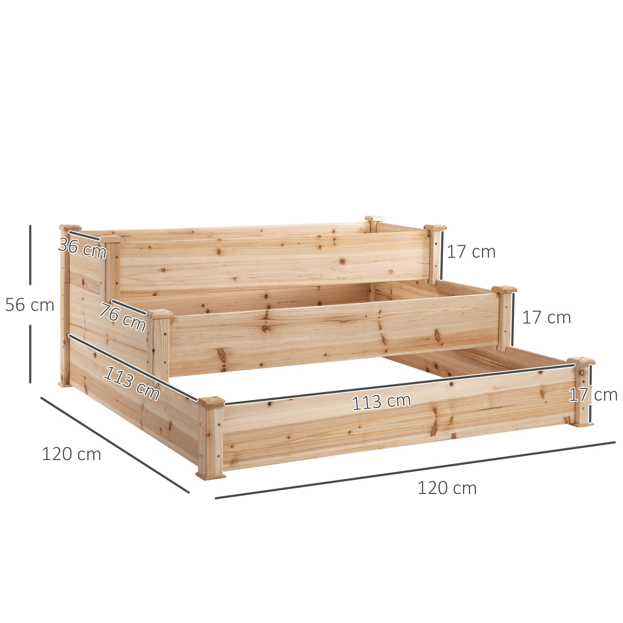 Premium Raised Bed Planter 124x124x56cm three-tier natural wooden garden planter with a calm, natural look.