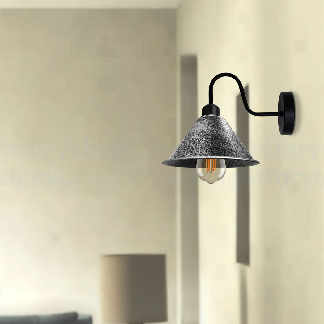 Home Symphony Brushed Silver Wall Light Cone Shade E27 Dimmable Hallway mounted on a curved black arm.