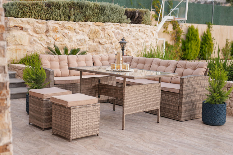 garden furniture set L-shaped sofa and rattan chairs
