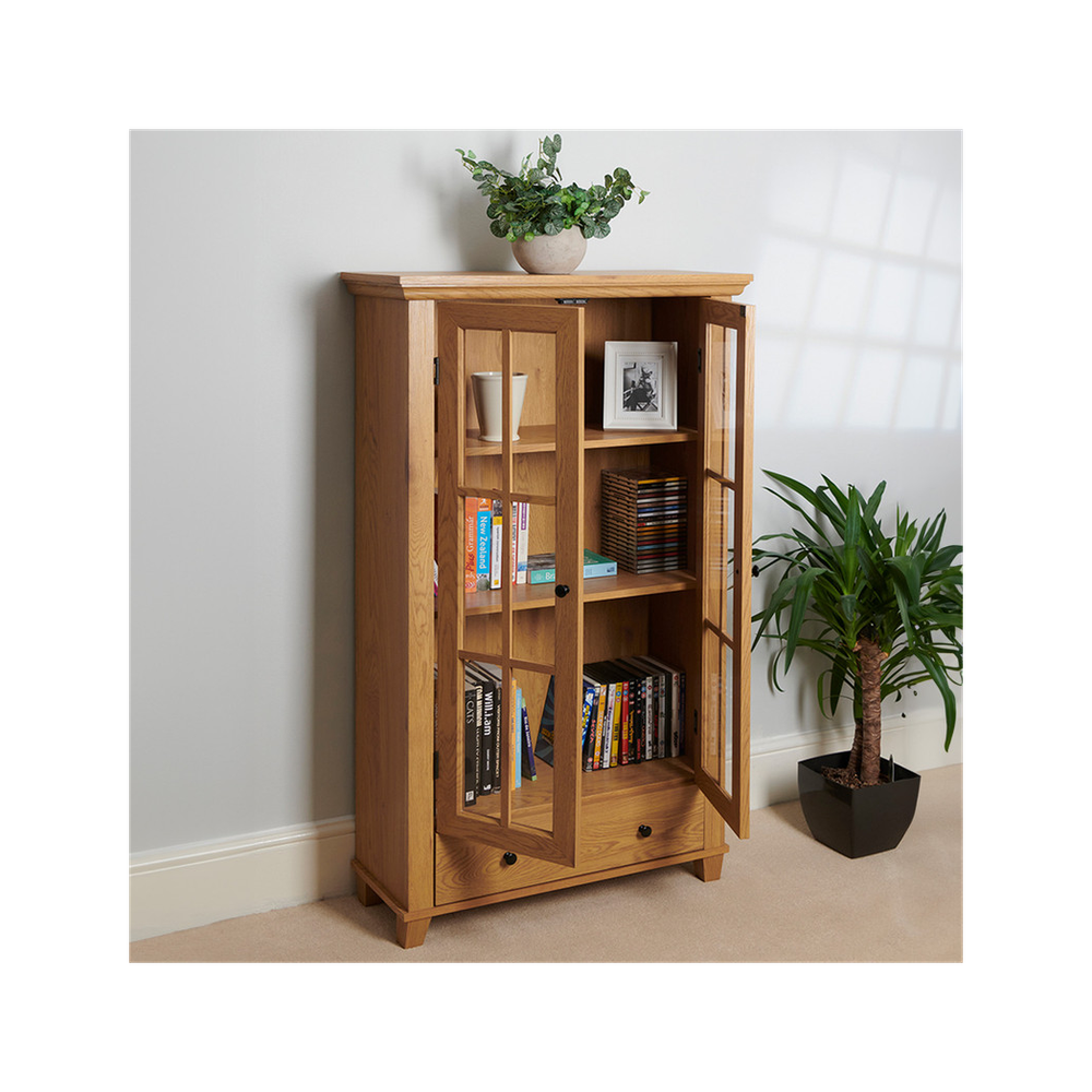 Greenhurst Display Cabinet, Media Storage with Shelving and Drawer, Double Perspex Doors H132.5 W76cm D30cm (Oak) - Display Cabinet from Greenhurst