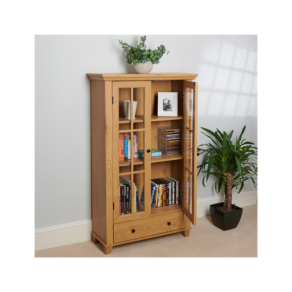 Greenhurst Display Cabinet, Media Storage with Shelving and Drawer, Double Perspex Doors H132.5 W76cm D30cm (Oak) - Display Cabinet from Greenhurst