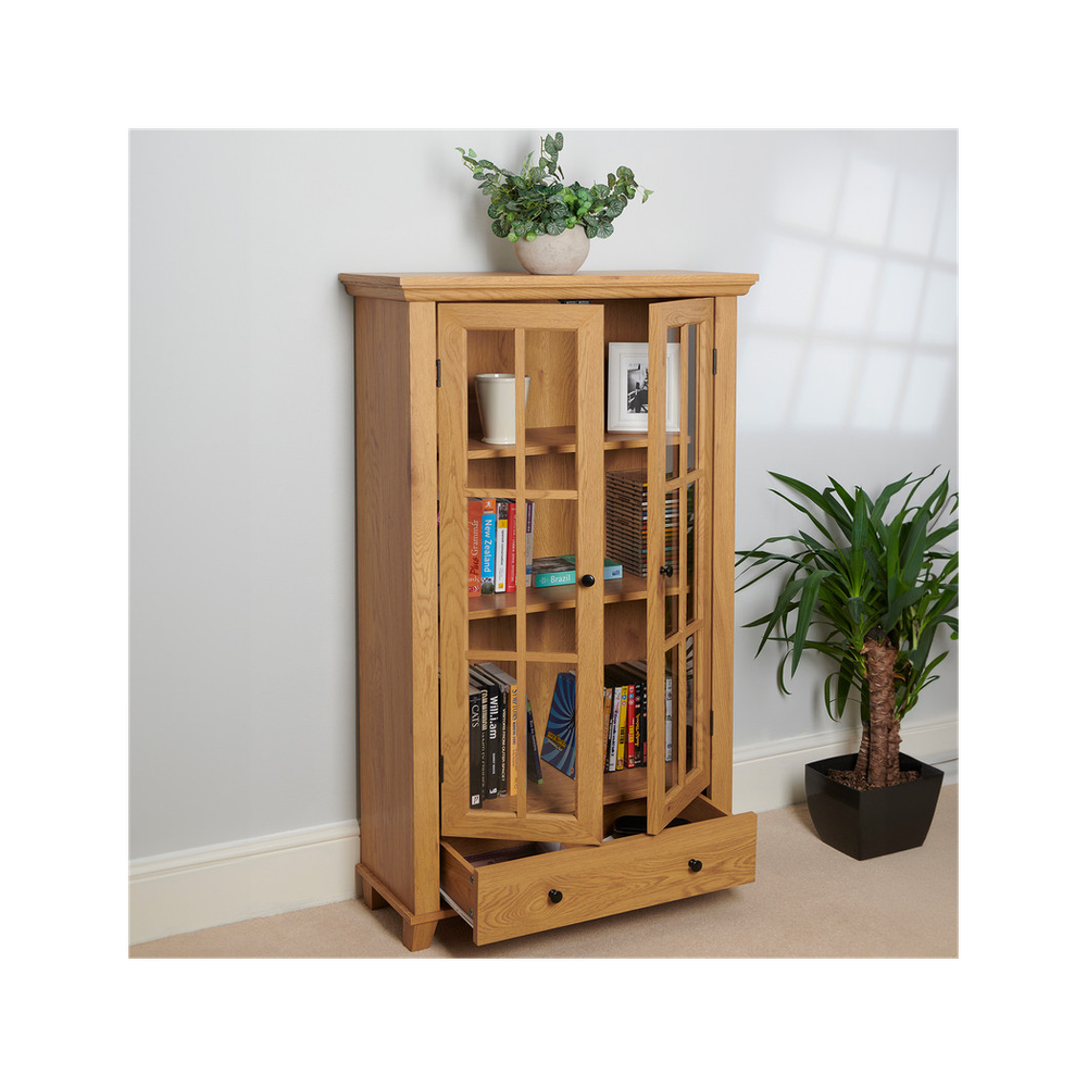 Greenhurst Display Cabinet, Media Storage with Shelving and Drawer, Double Perspex Doors H132.5 W76cm D30cm (Oak) - Display Cabinet from Greenhurst