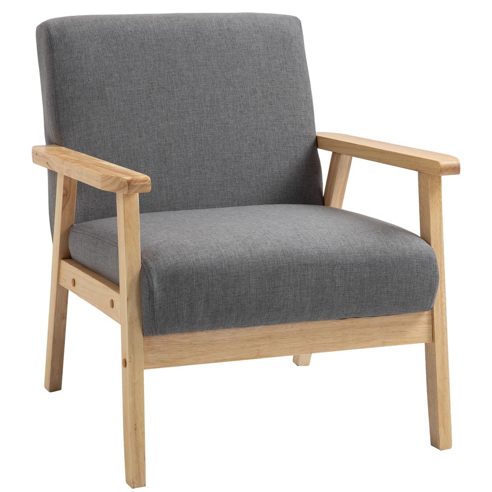 Linen Upholstered Pine Wood Accent Armchair Grey/Oak - Accent Chair from HOMCOM