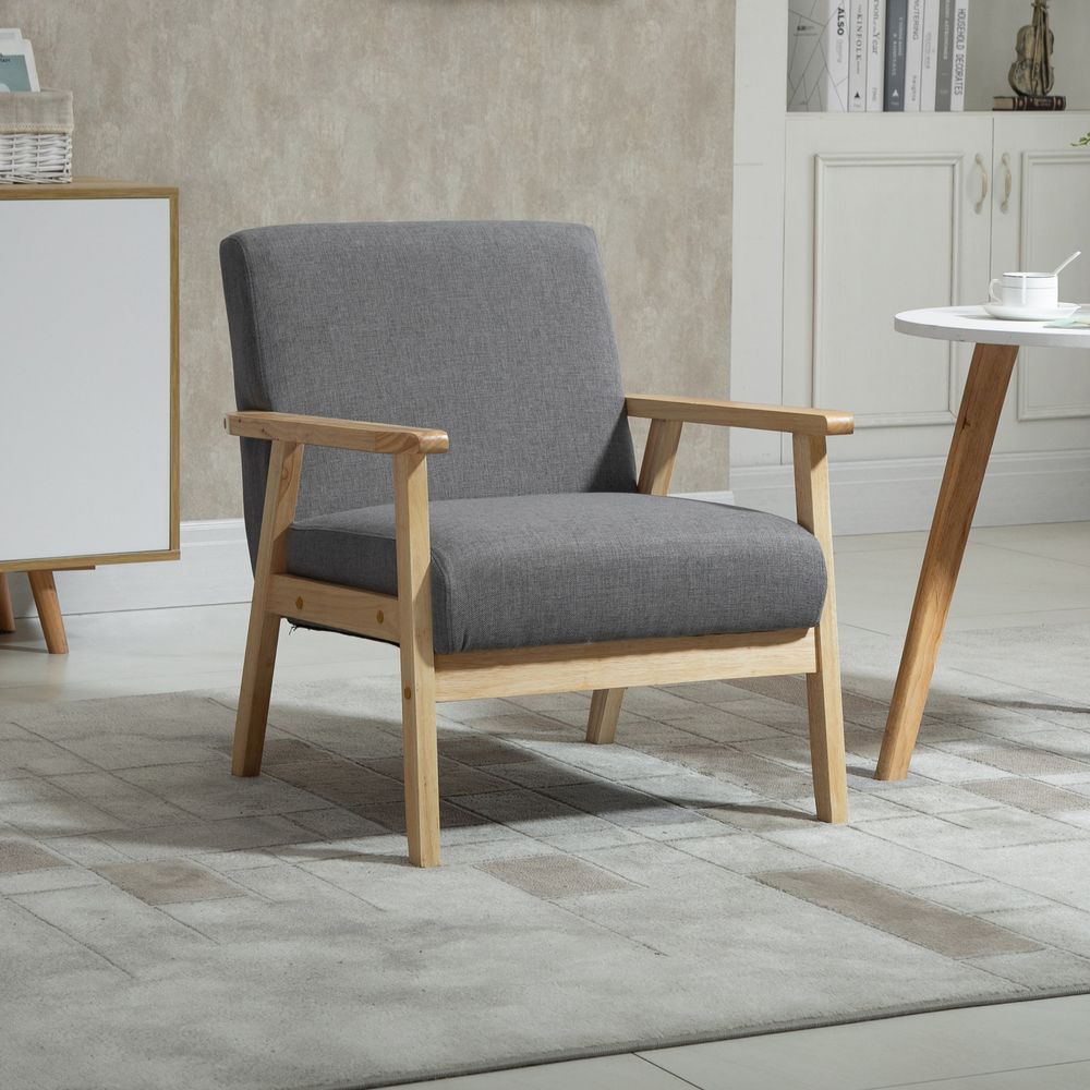 Linen Upholstered Pine Wood Accent Armchair Grey/Oak - Accent Chair from HOMCOM