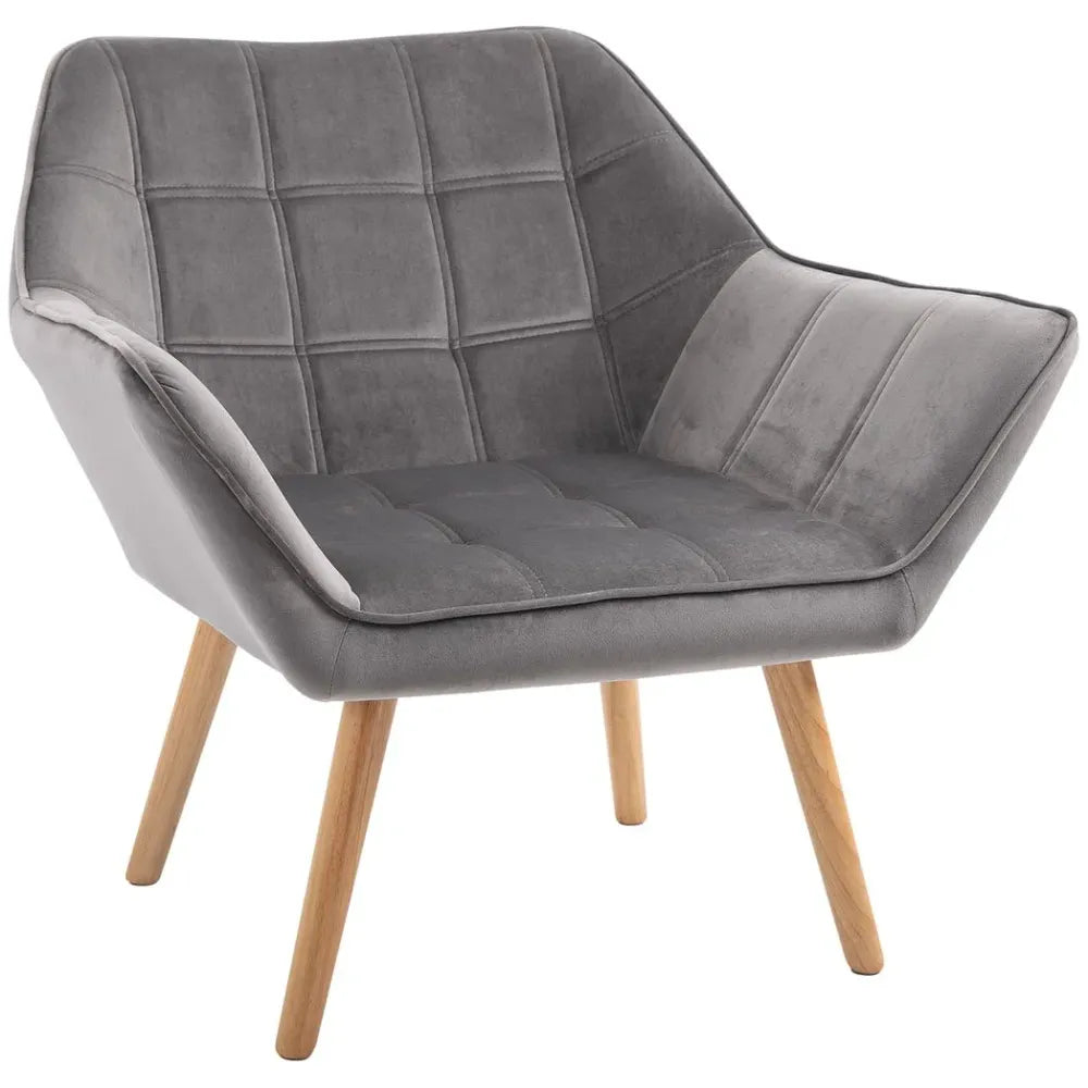 Luxe Velvet-Feel Accent Chair w/ Wide Arms Slanted Back Padding Wood Legs Grey - Accent Chair from HOMCOM
