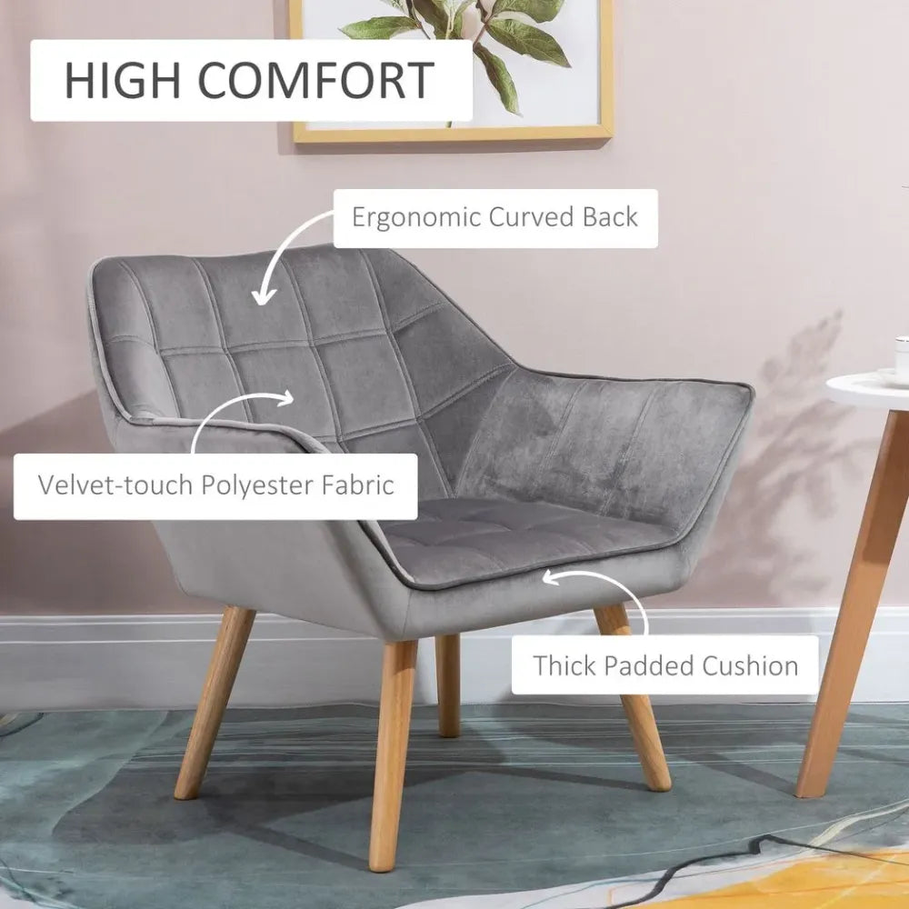 Luxe Velvet-Feel Accent Chair w/ Wide Arms Slanted Back Padding Wood Legs Grey - Accent Chair from HOMCOM