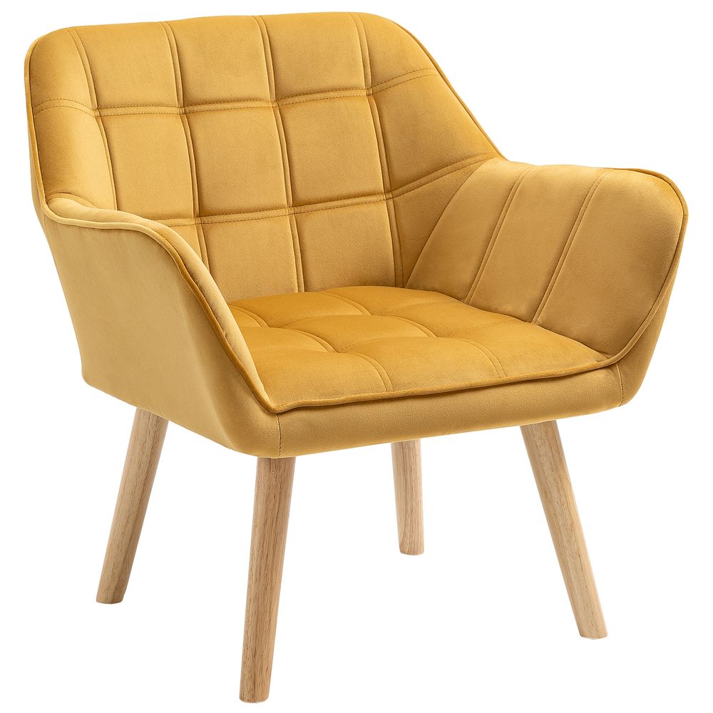 Luxe Velvet-Feel Accent Chair w/ Wide Arms Slanted Back Padding Wood Legs Yellow - Accent Chair from HOMCOM