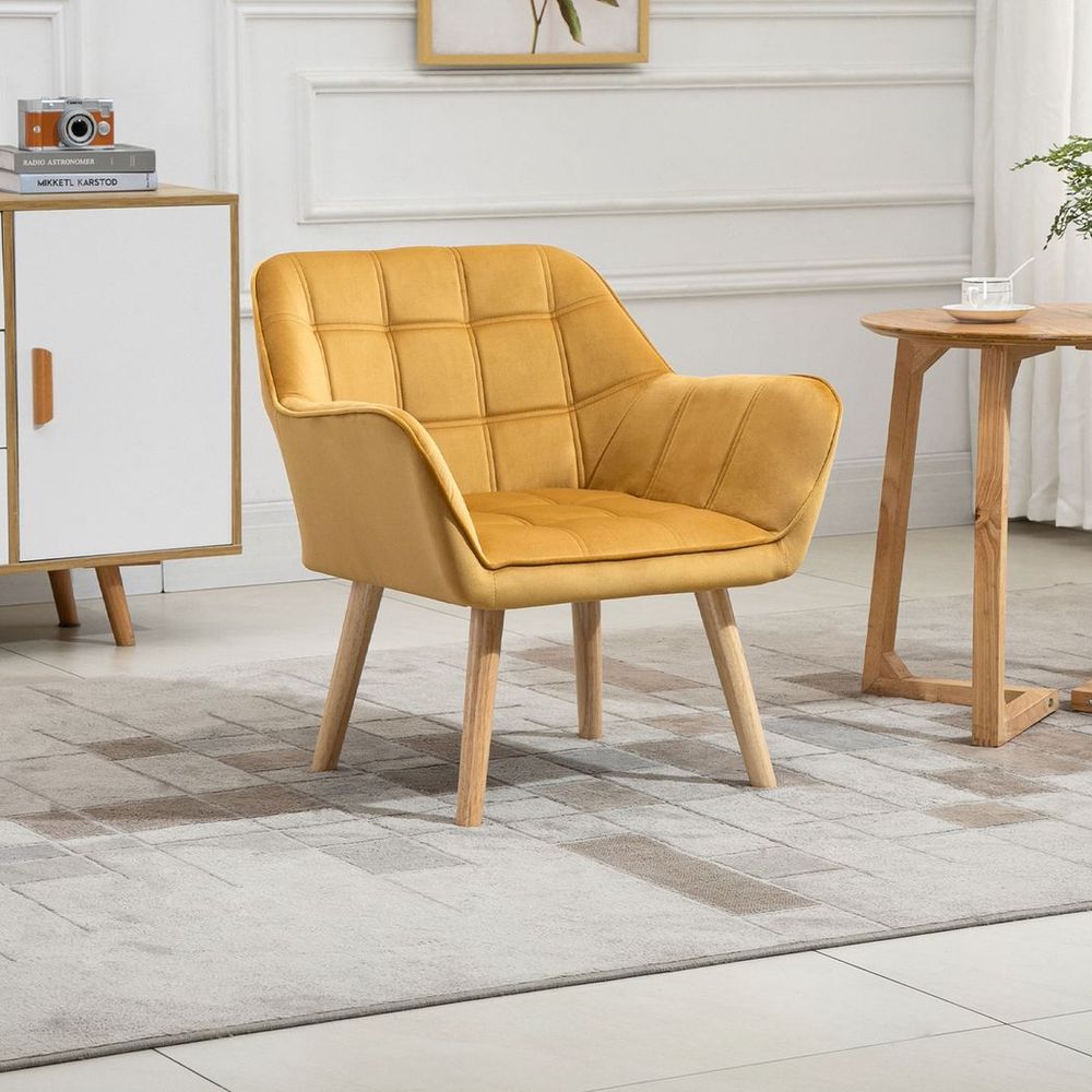 Luxe Velvet-Feel Accent Chair w/ Wide Arms Slanted Back Padding Wood Legs Yellow - Accent Chair from HOMCOM