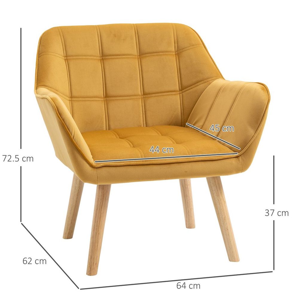 Luxe Velvet-Feel Accent Chair w/ Wide Arms Slanted Back Padding Wood Legs Yellow - Accent Chair from HOMCOM