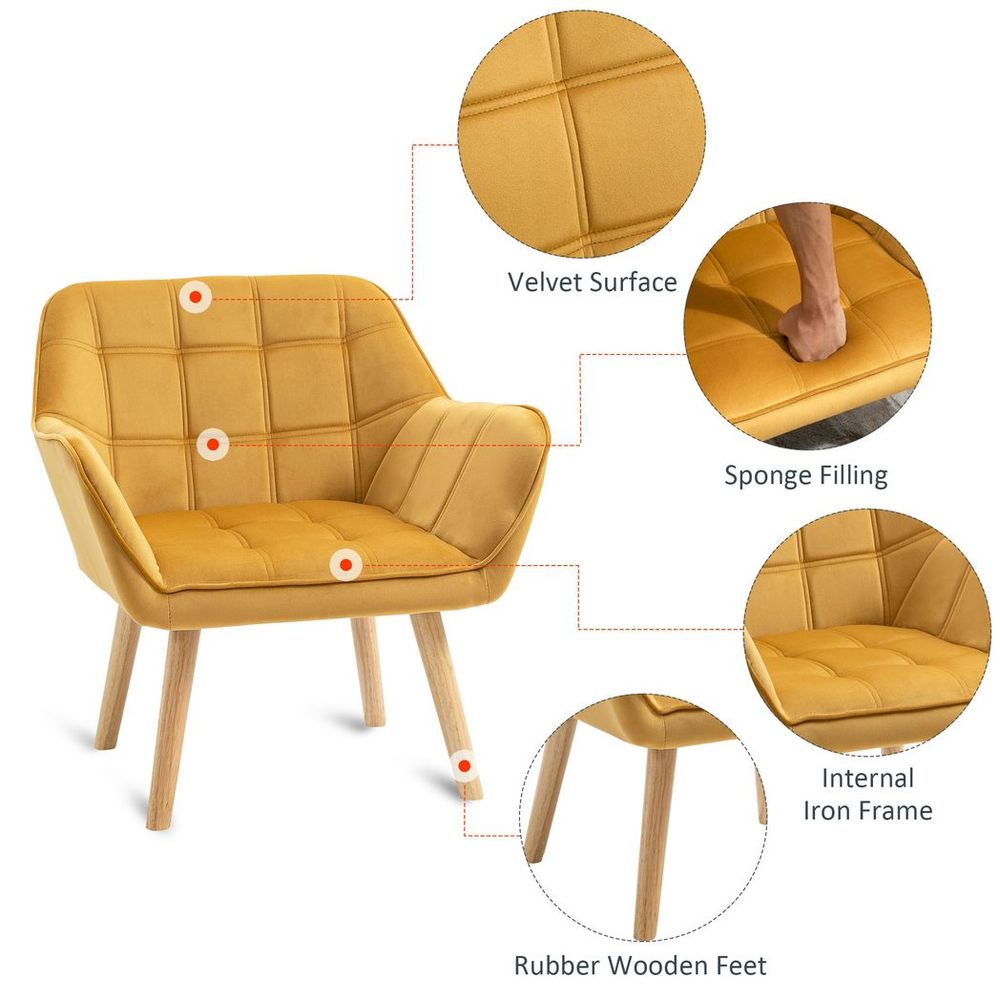 Luxe Velvet-Feel Accent Chair w/ Wide Arms Slanted Back Padding Wood Legs Yellow - Accent Chair from HOMCOM