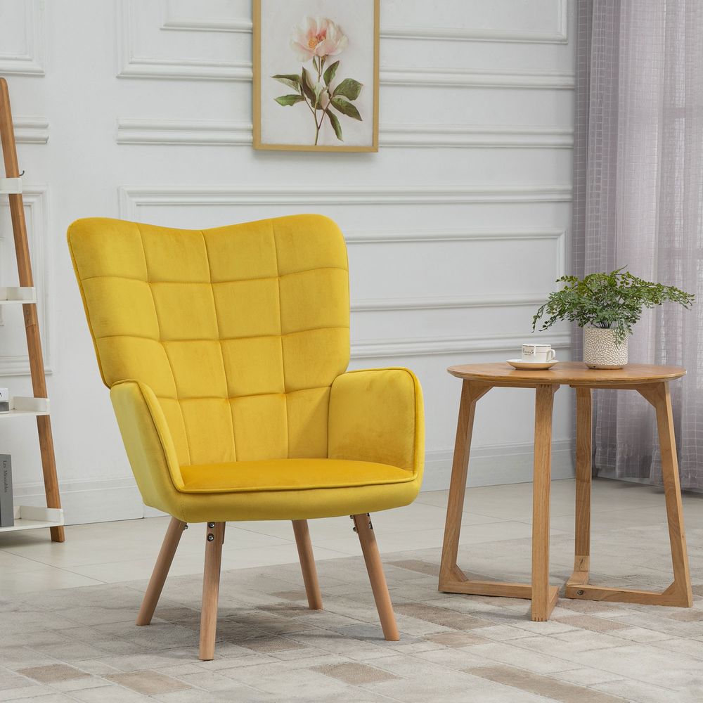 Modern Accent Chair Velvet-Touch Tufted Wingback Armchair, Yellow - Accent Chair from HOMCOM