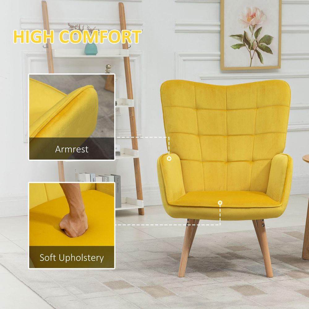 Modern Accent Chair Velvet-Touch Tufted Wingback Armchair, Yellow - Accent Chair from HOMCOM
