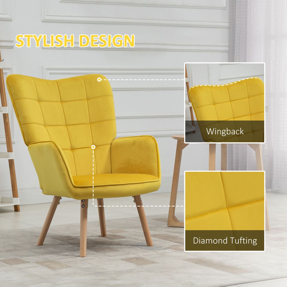 Modern Accent Chair Velvet-Touch Tufted Wingback Armchair, Yellow - Accent Chair from HOMCOM