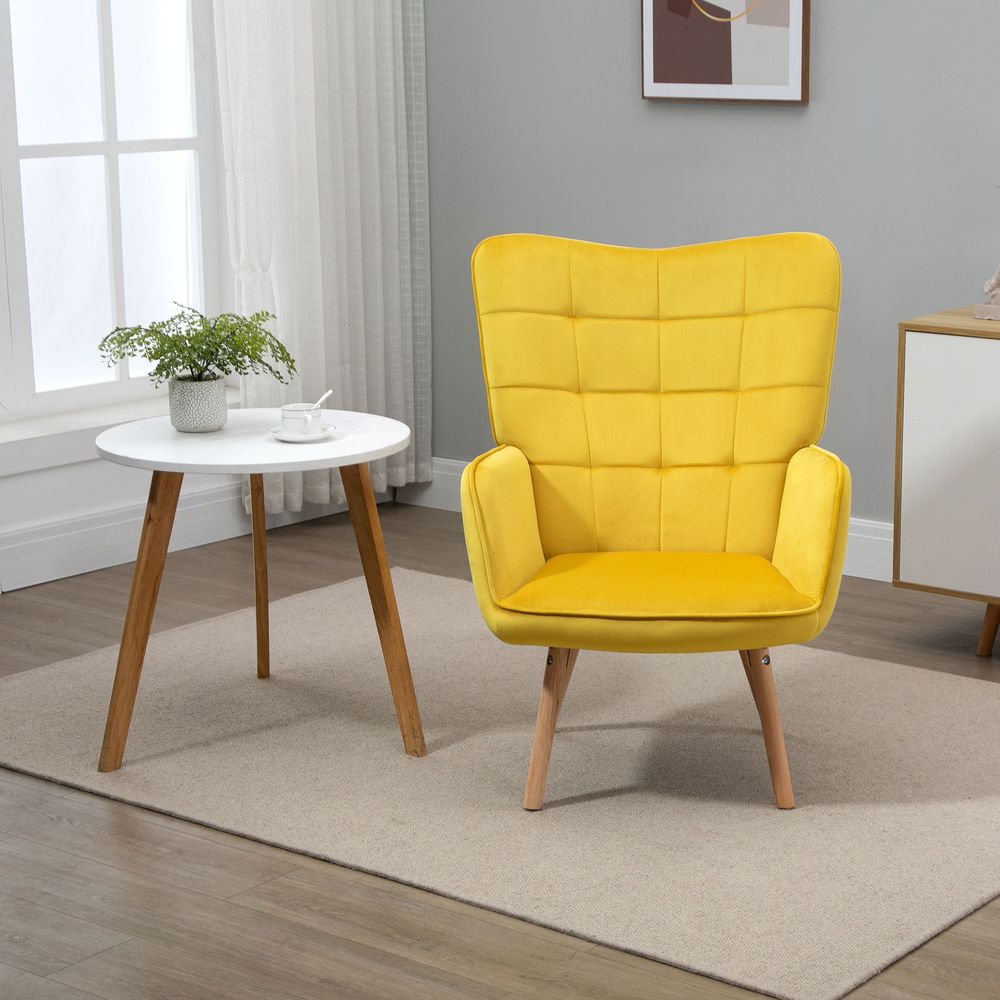 Modern Accent Chair Velvet-Touch Tufted Wingback Armchair, Yellow - Accent Chair from HOMCOM