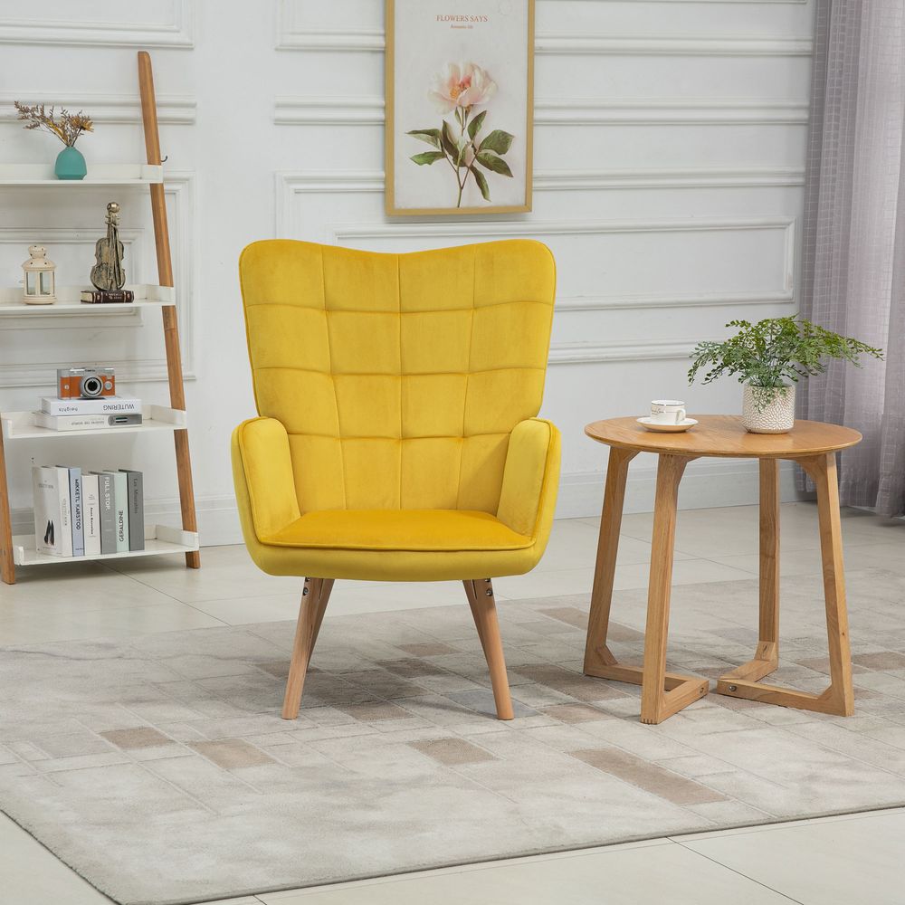 Modern Accent Chair Velvet-Touch Tufted Wingback Armchair, Yellow - Accent Chair from HOMCOM