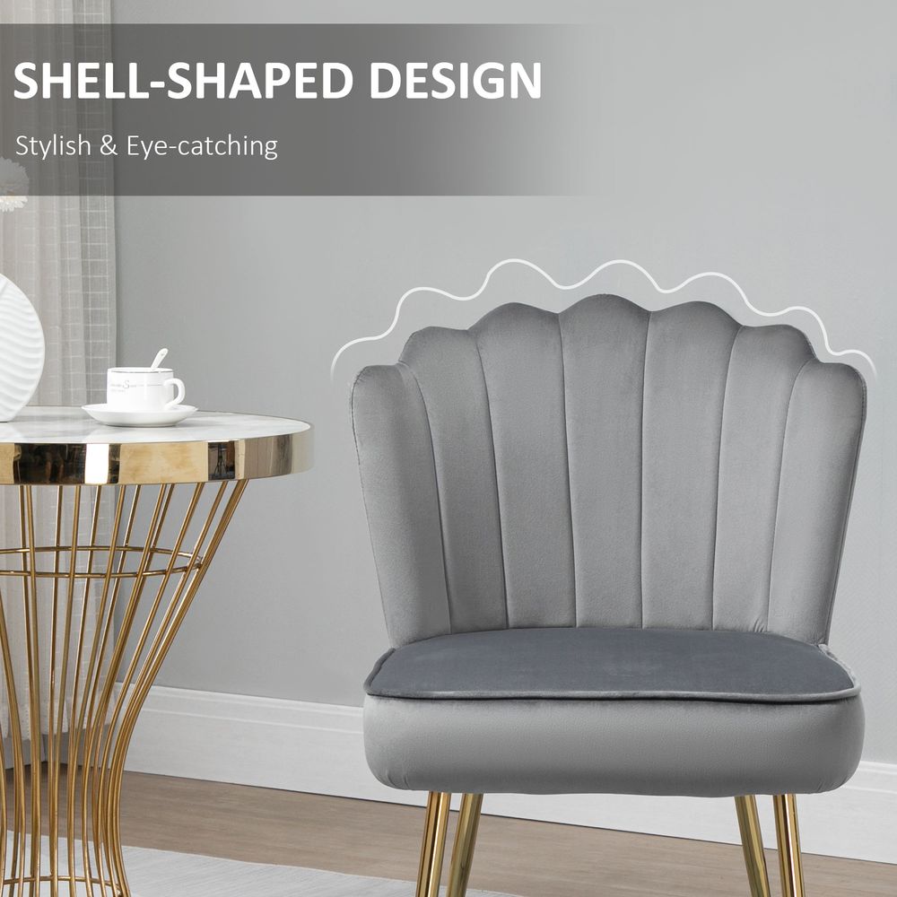 Velvet-Feel Shell Luxe Accent Chair Home Bedroom Lounge Metal Legs Grey - Accent Chair from HOMCOM