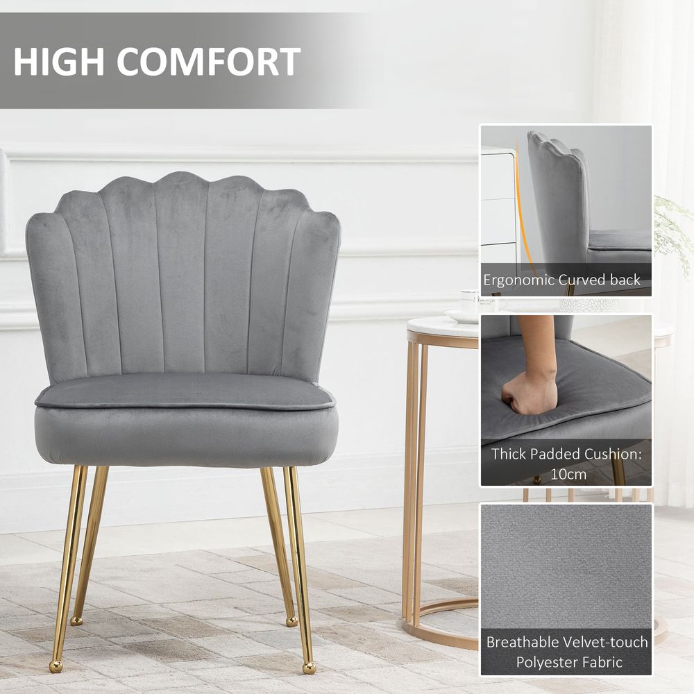 Velvet-Feel Shell Luxe Accent Chair Home Bedroom Lounge Metal Legs Grey - Accent Chair from HOMCOM