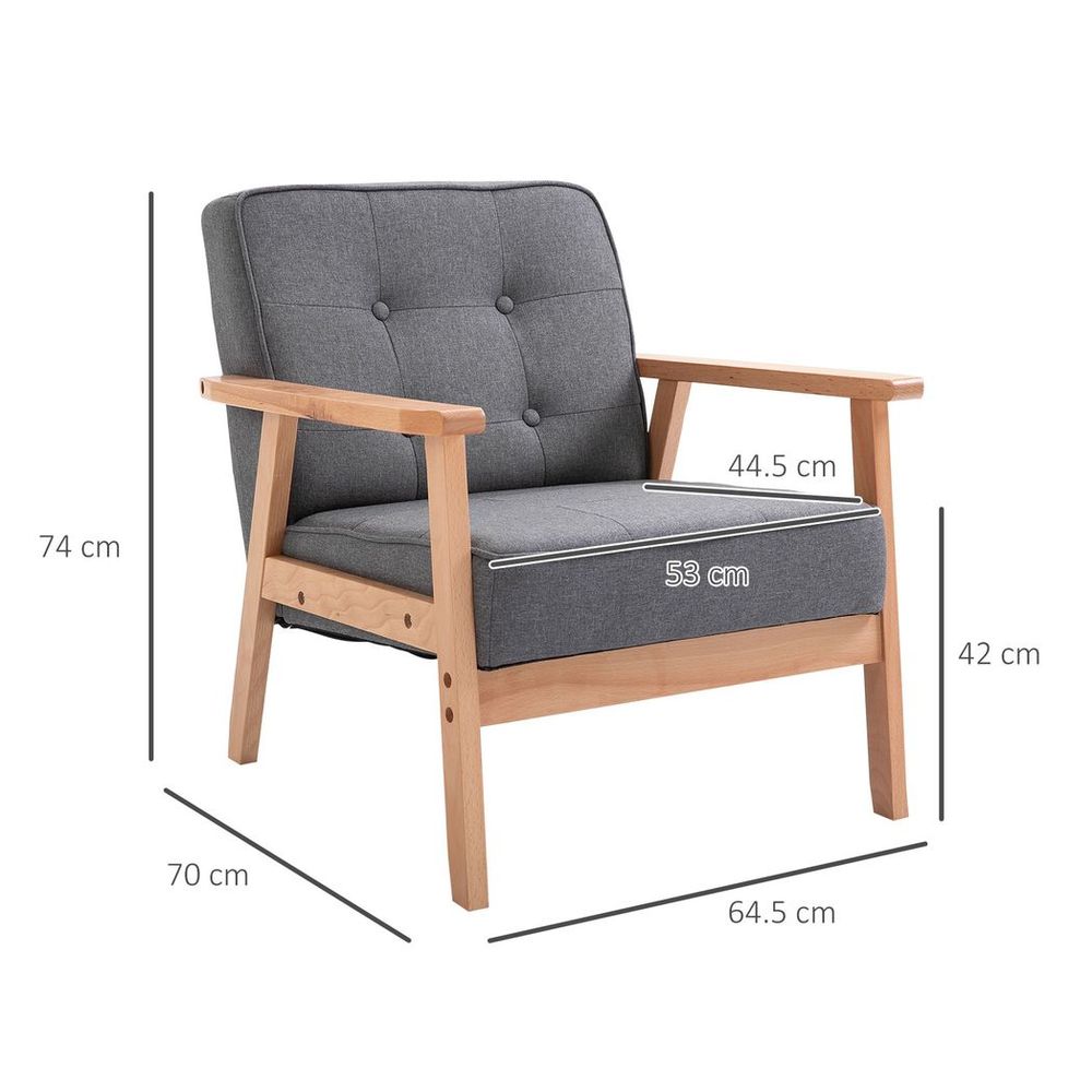 Retro Single Sofa Armchair Beech Wood Frame Padded Cushion Linen Fabric Grey - Armchair from HOMCOM
