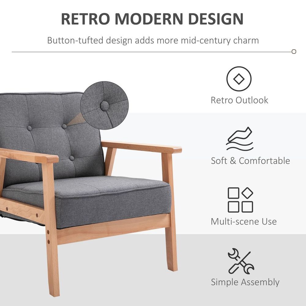 Retro Single Sofa Armchair Beech Wood Frame Padded Cushion Linen Fabric Grey - Armchair from HOMCOM