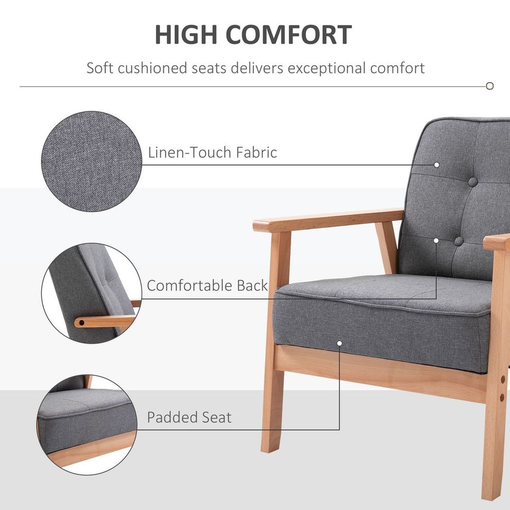 Retro Single Sofa Armchair Beech Wood Frame Padded Cushion Linen Fabric Grey - Armchair from HOMCOM