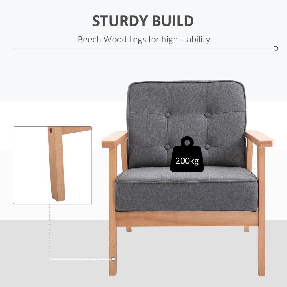 Retro Single Sofa Armchair Beech Wood Frame Padded Cushion Linen Fabric Grey - Armchair from HOMCOM