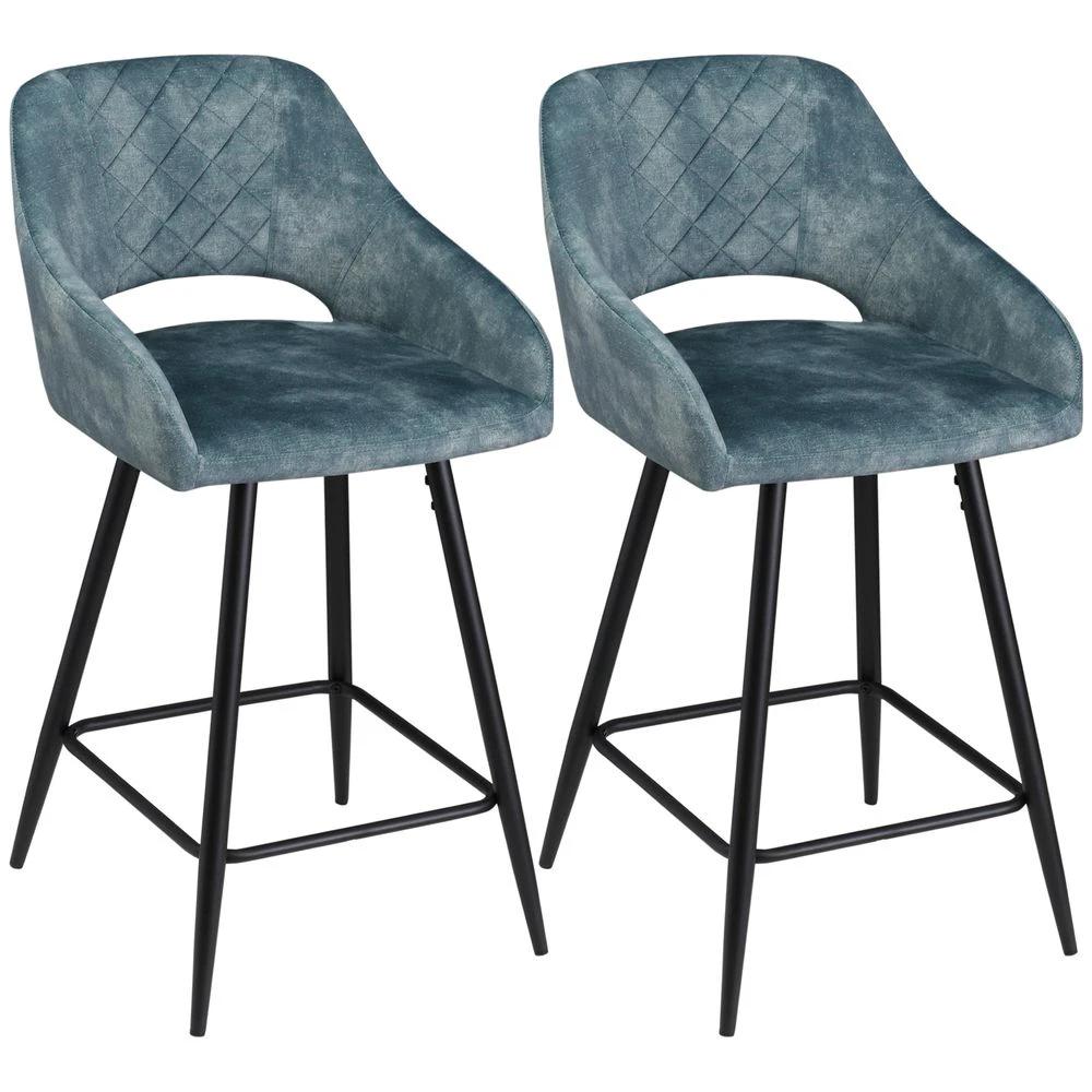 Bar Stools Set of 2, Velvet-Touch Fabric Counter Height Bar Chairs Blue by HOMCOM