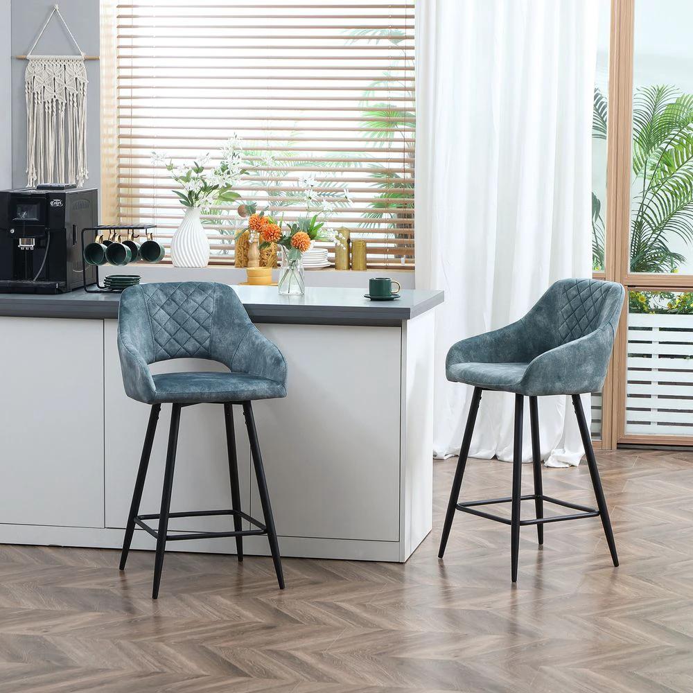 Bar Stools Set of 2, Velvet-Touch Fabric Counter Height Bar Chairs Blue by HOMCOM