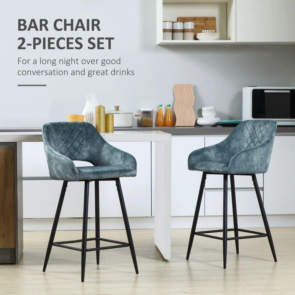 Bar Stools Set of 2, Velvet-Touch Fabric Counter Height Bar Chairs Blue by HOMCOM