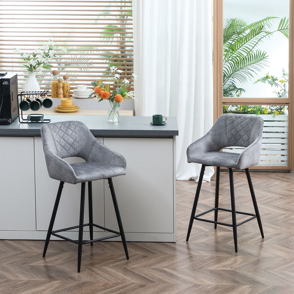 Bar Stools Set of 2, Velvet-Touch Fabric Counter Height Bar Chairs Grey - Bar Stool from HOMCOM