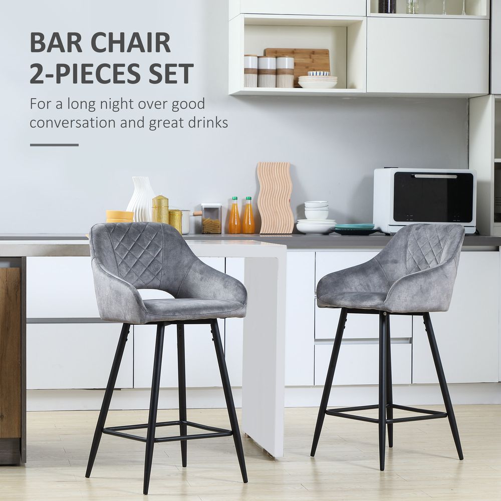 Bar Stools Set of 2, Velvet-Touch Fabric Counter Height Bar Chairs Grey - Bar Stool from HOMCOM