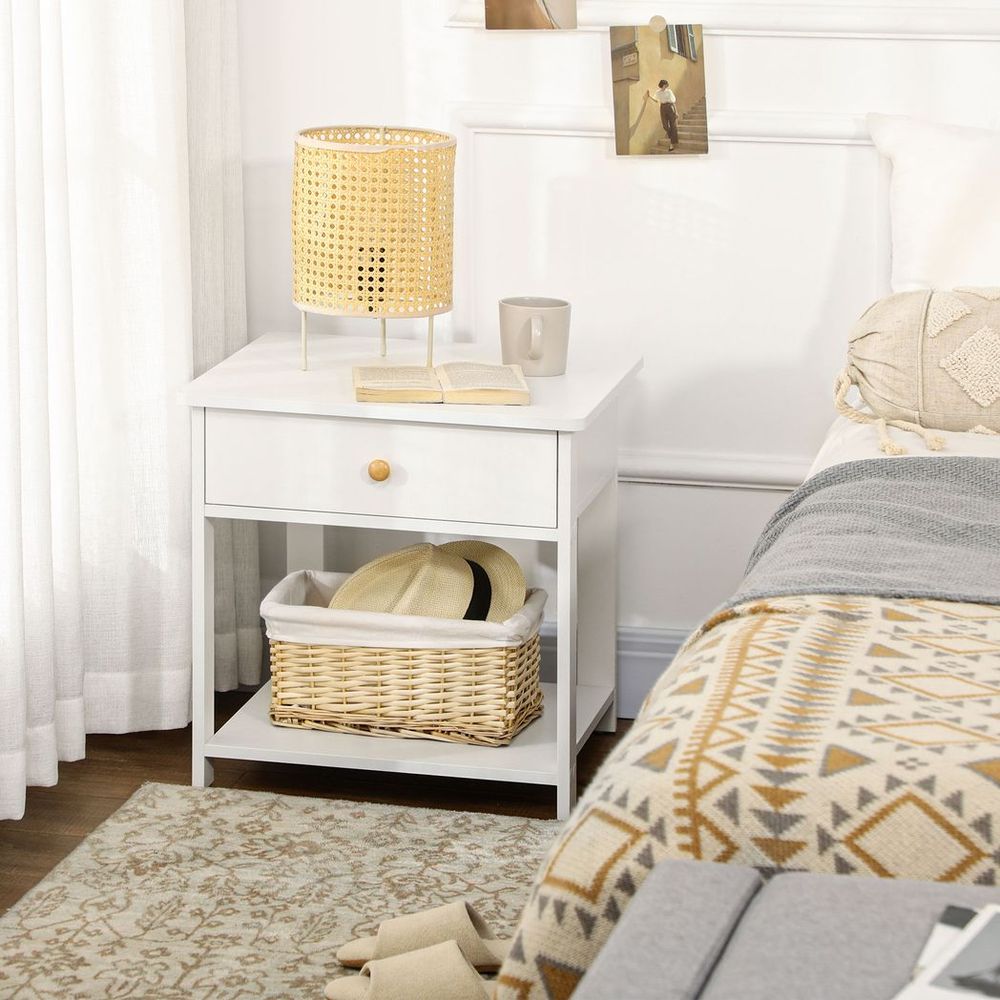 Bedroom Bedside Table, Sofa Side Table with Drawer and Shelf, White - Bedside Table from HOMCOM