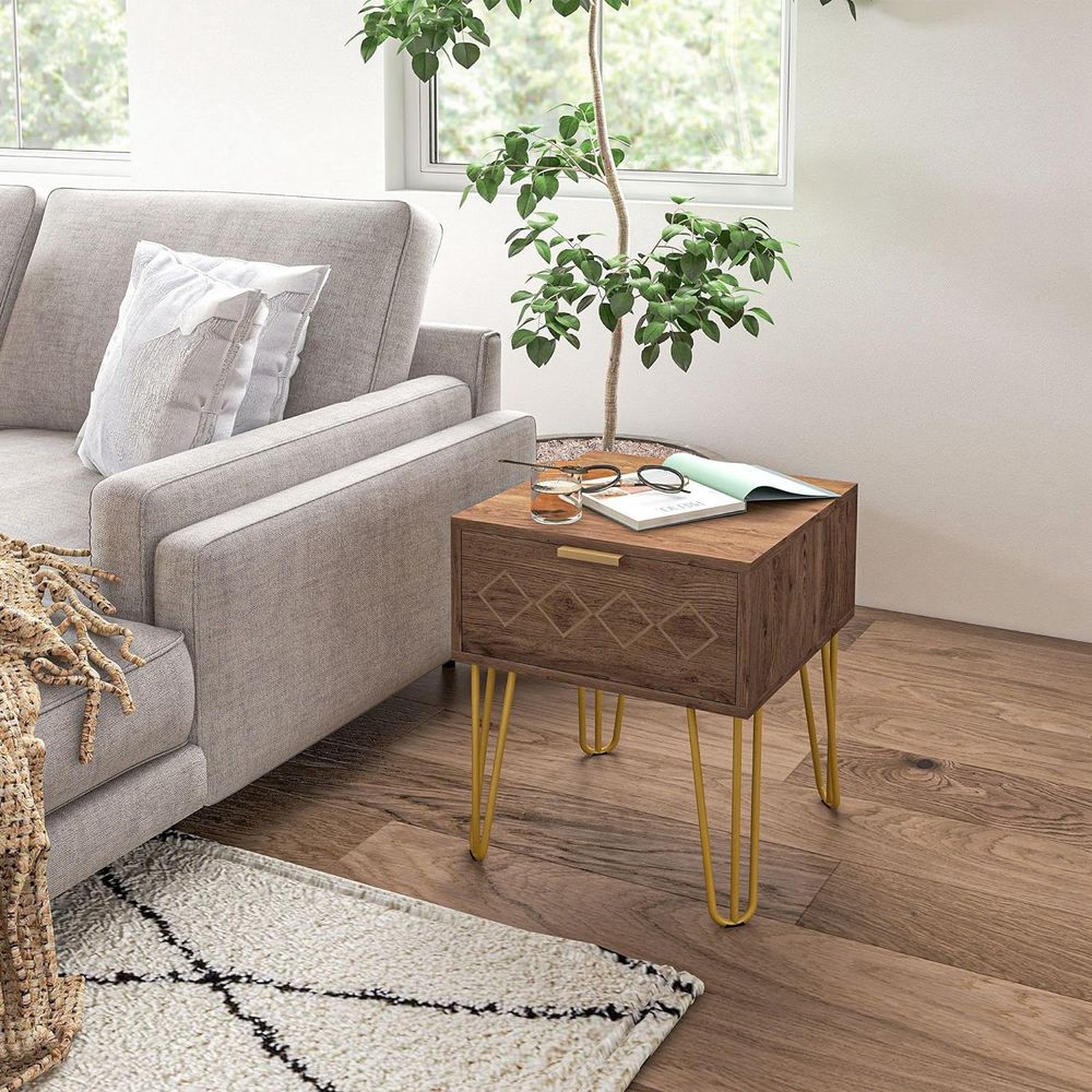 Bedside Table with Drawer, Gold Metal Legs for Living Room Bedroom - Bedside Table from HOMCOM