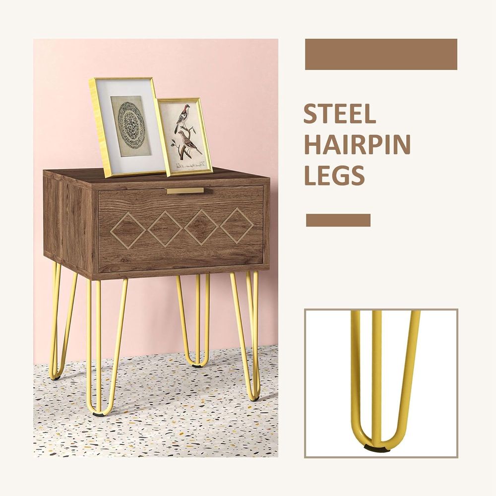 Bedside Table with Drawer, Gold Metal Legs for Living Room Bedroom - Bedside Table from HOMCOM