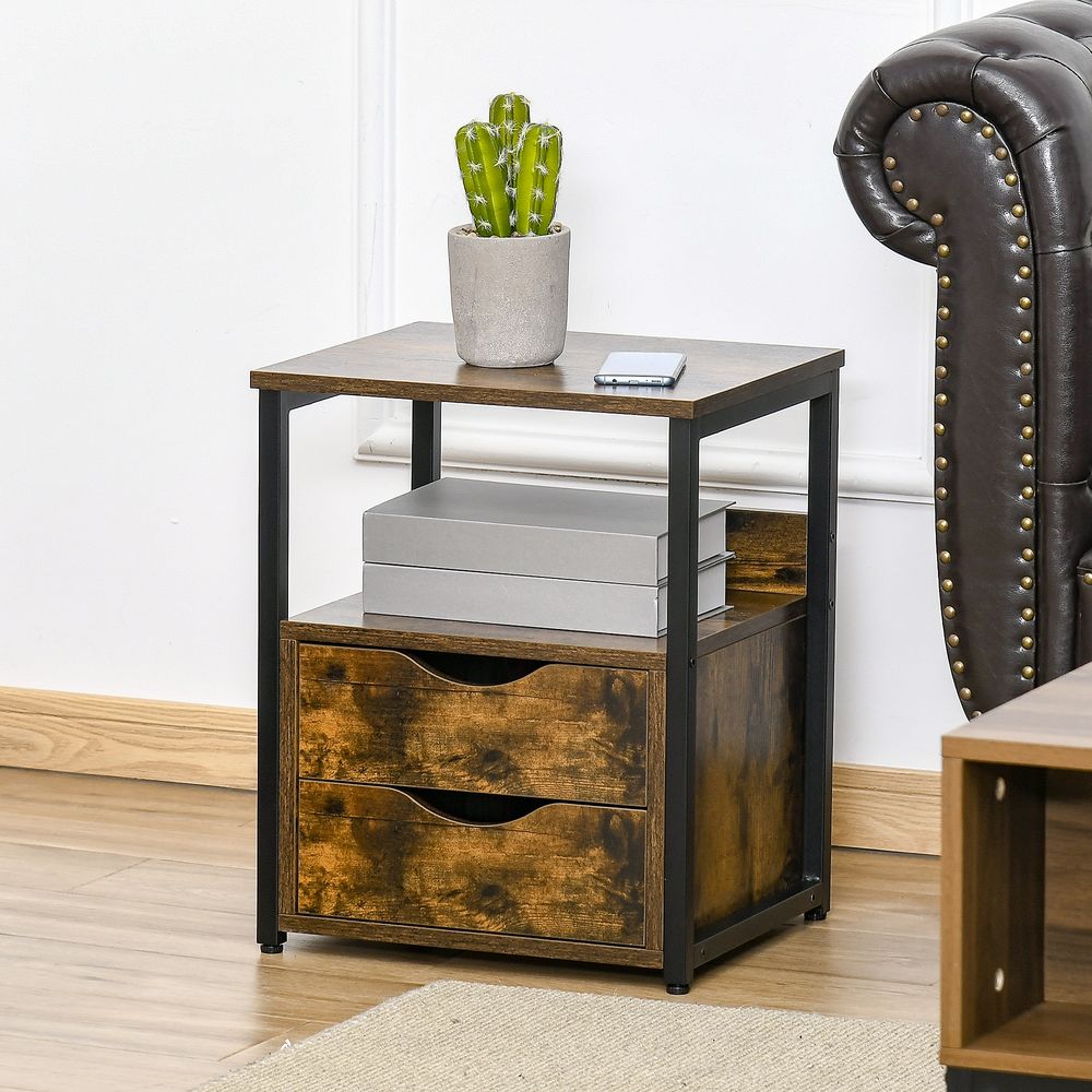 End Table Bedside Desk Slim Storage Cabinet with Shelf Rustic Brown - Bedside Table from HOMCOM