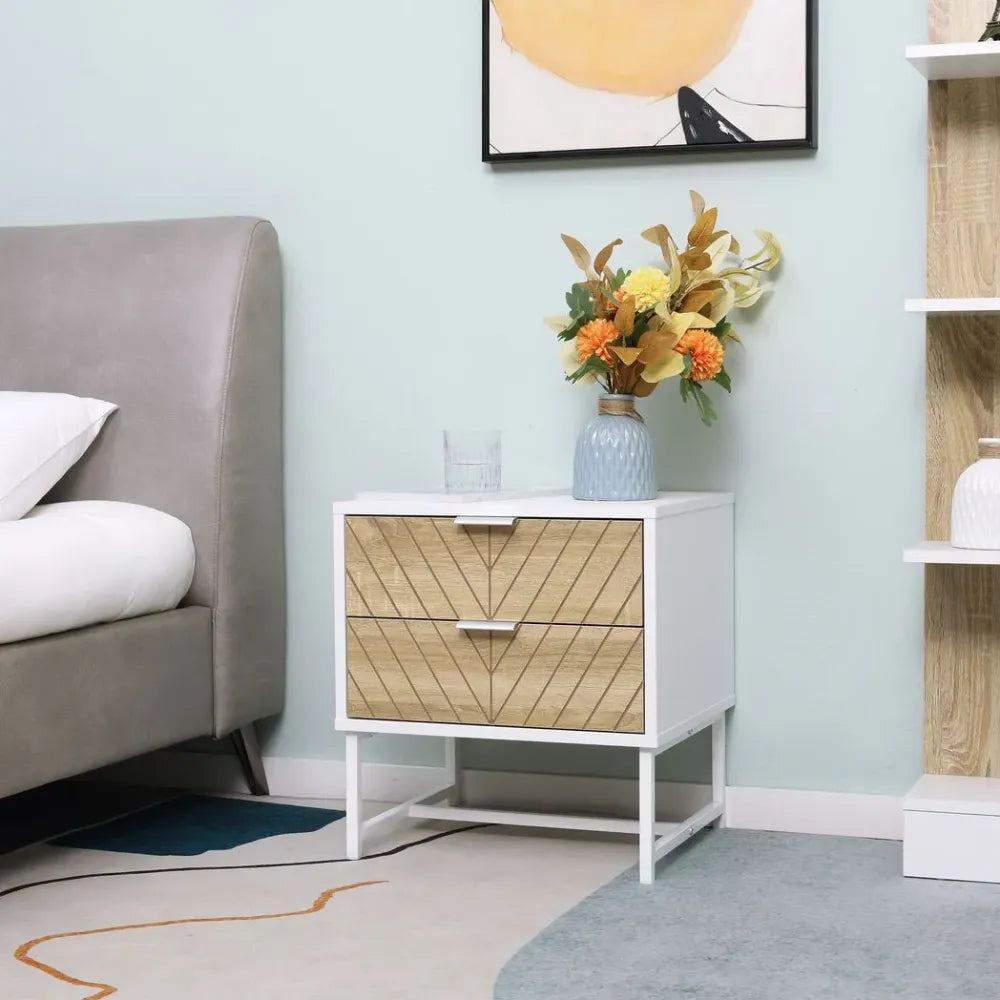 Modern Bedside Table with 2 Drawers, Sofa Side Table for Bedroom, White and Oak - Bedside Table from HOMCOM