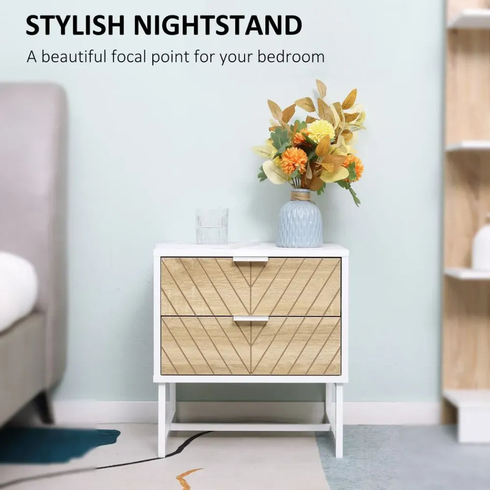 Modern Bedside Table with 2 Drawers, Sofa Side Table for Bedroom, White and Oak - Bedside Table from HOMCOM