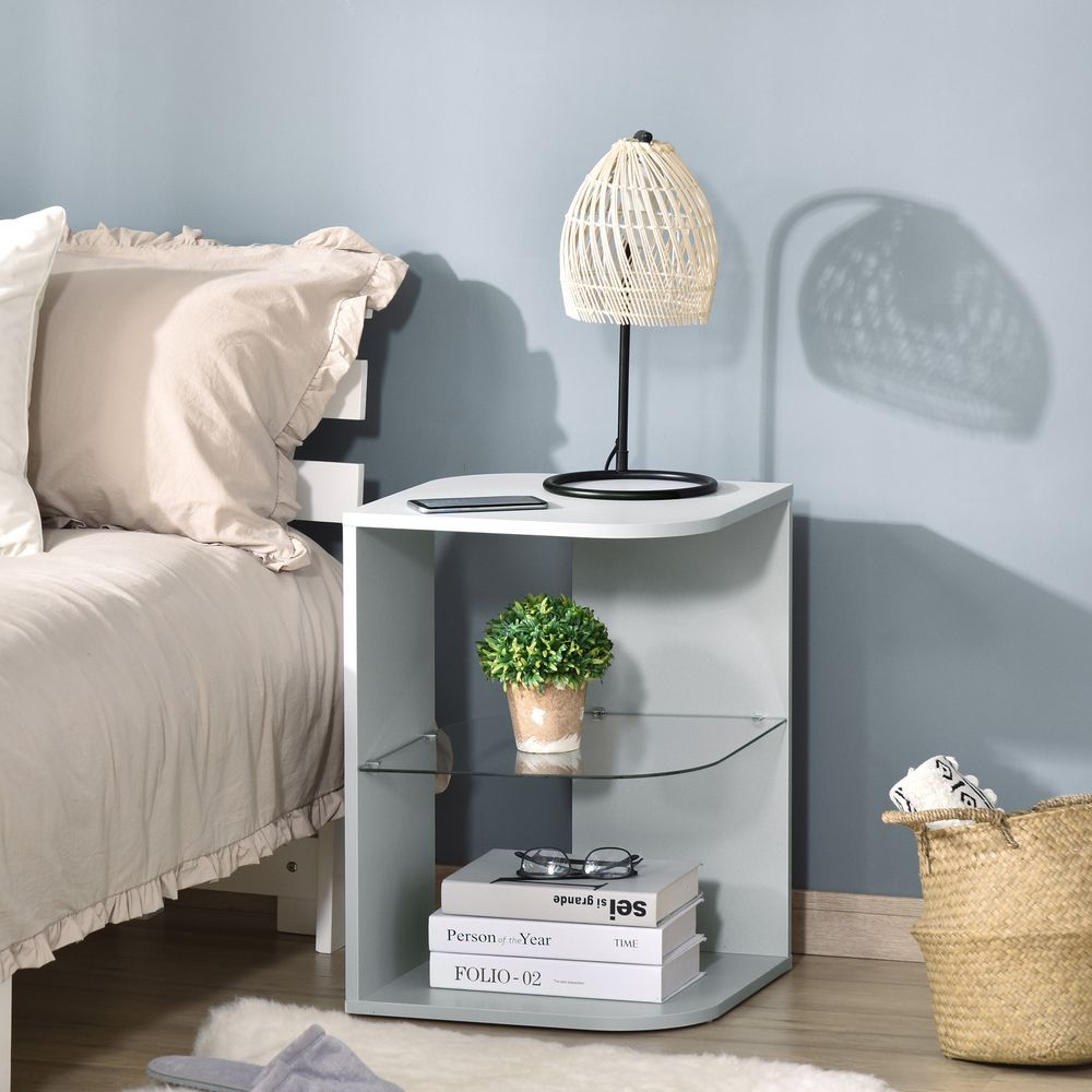 Modern Side Table Three Layer Bedside Table w/ Storage Shelves, Grey - Bedside Table from HOMCOM