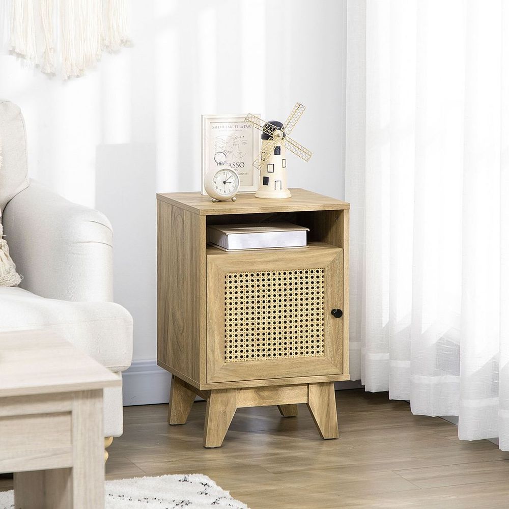 Nightstand, Bedside Table with Drawer and Shelf, End Table with Rattan Element - Bedside Table from HOMCOM